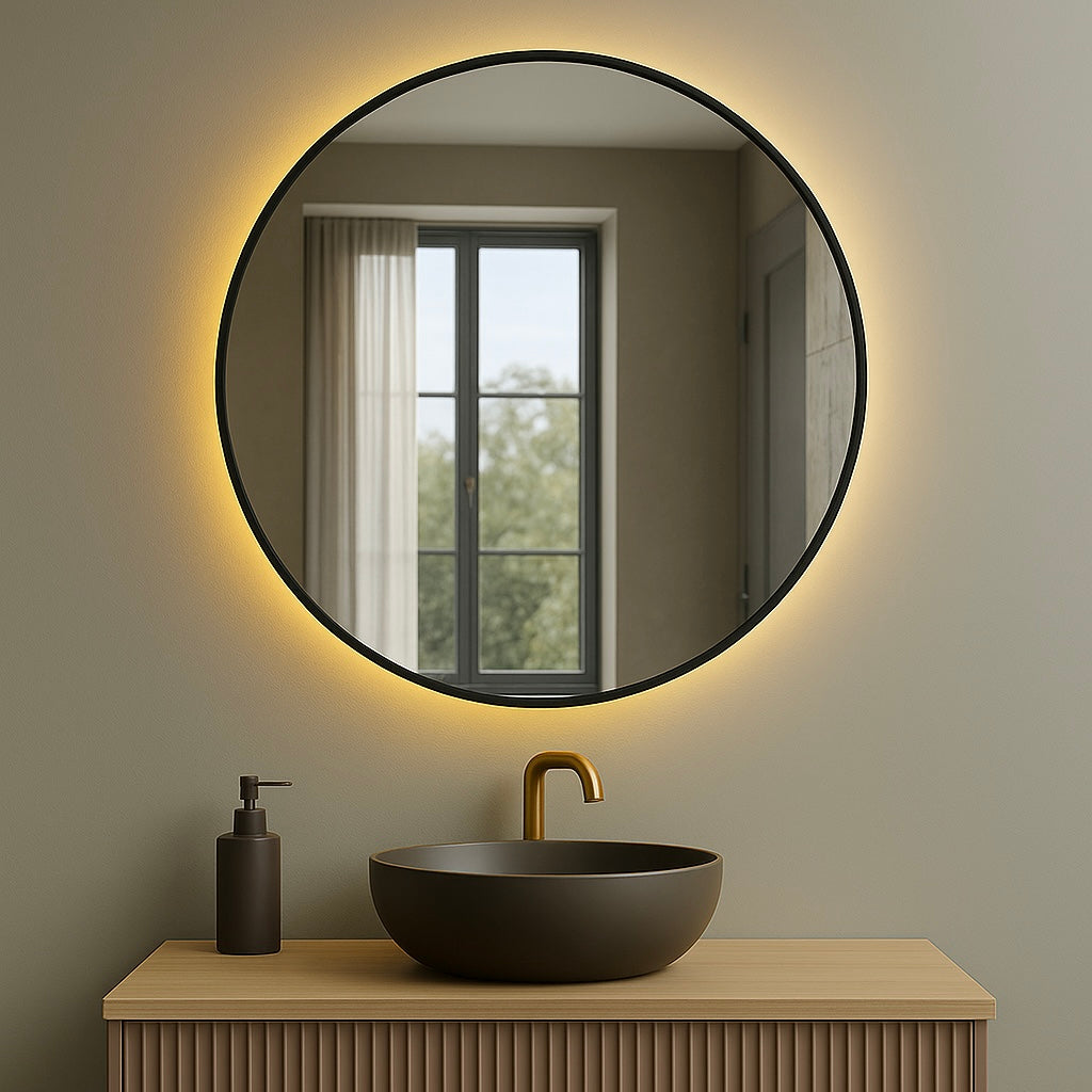 Spiegel New York - Ronde Spiegel met Zwarte Kaderrand - Indirect Spotless Verlichting | Incl. Verwarming
