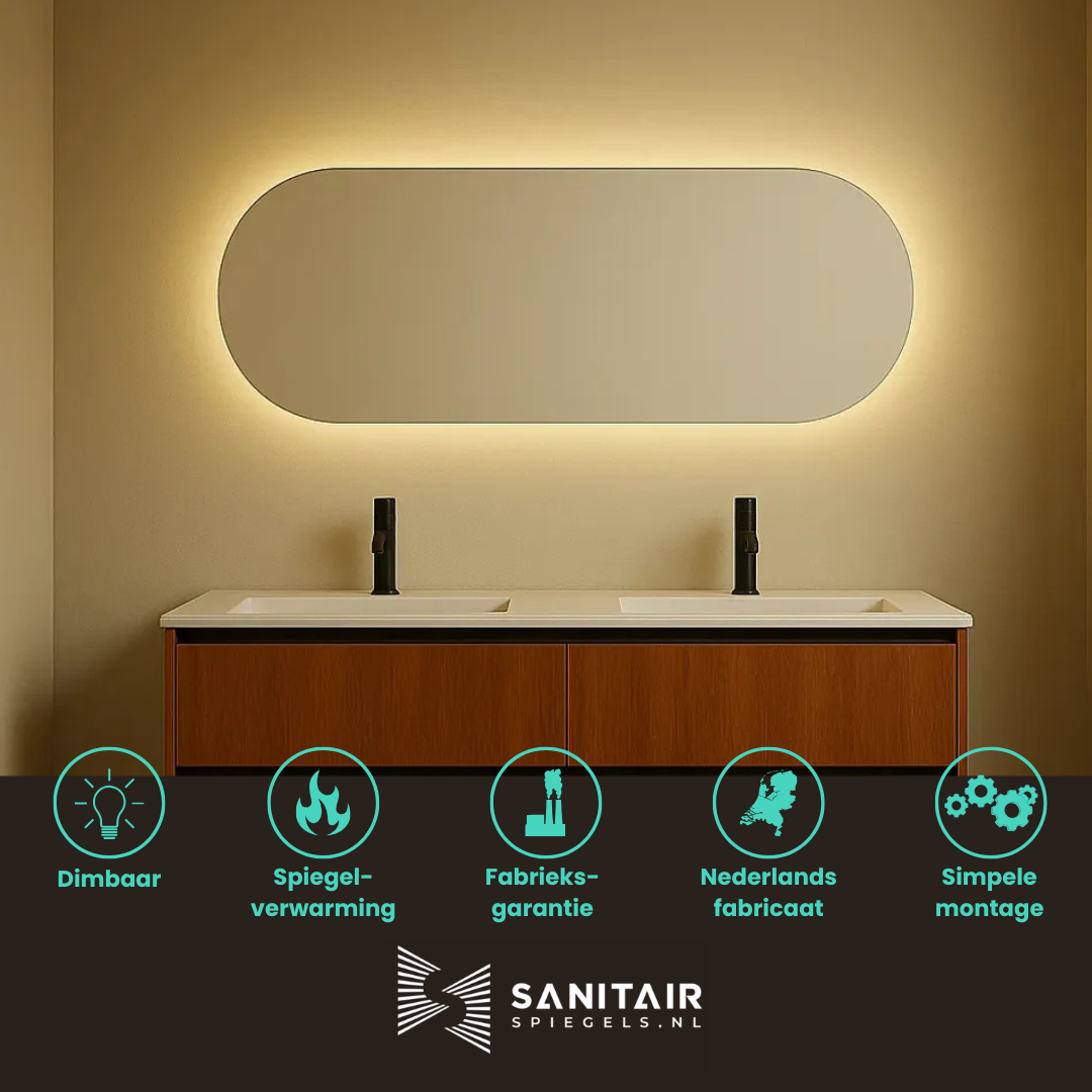 Spiegel Sydney - Ovaal Rechte Spiegel - Indirecte Spotless Verlichting | Incl. Verwarming