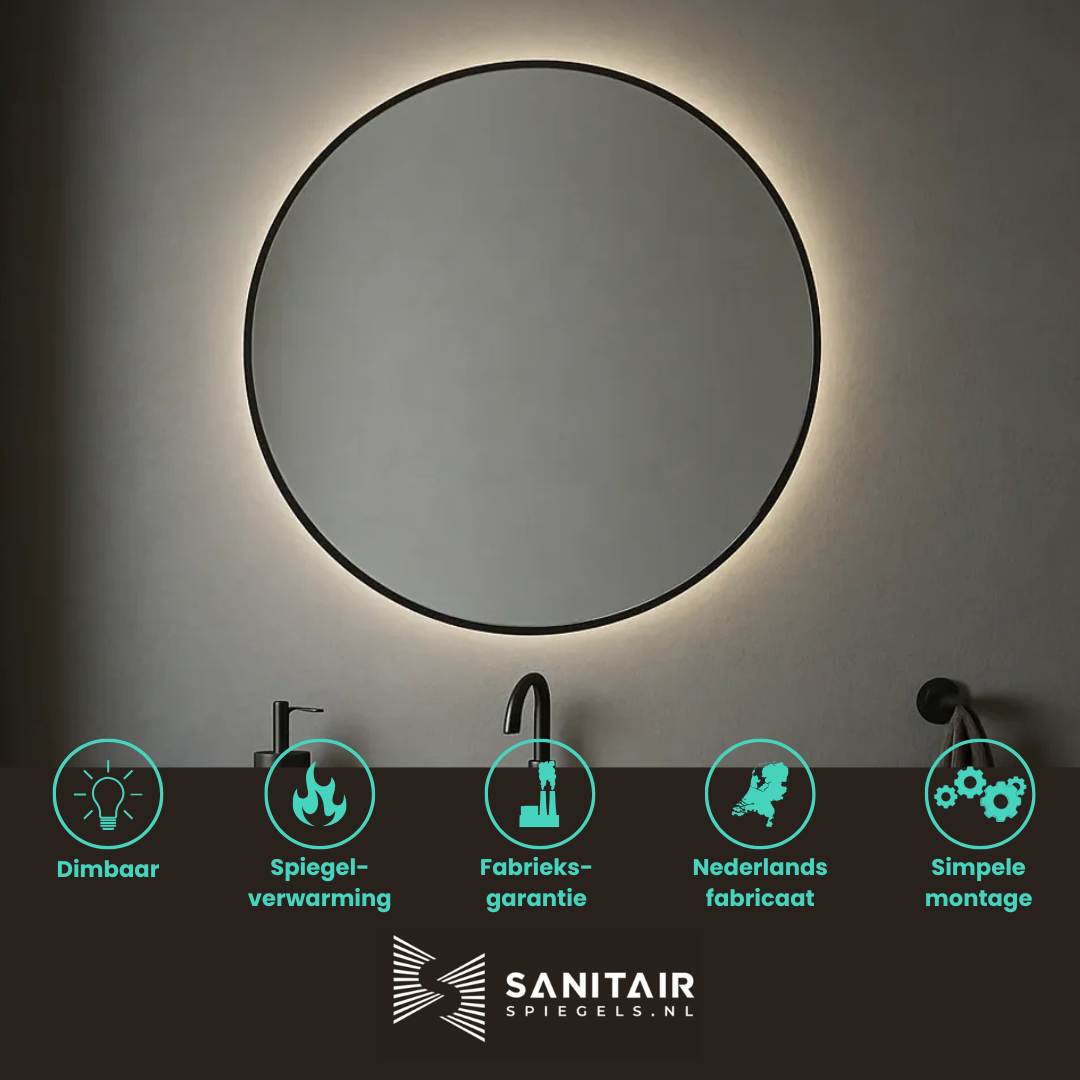 Spiegel New York - Ronde Spiegel met Zwarte Kaderrand - Indirect Spotless Verlichting | Incl. Verwarming