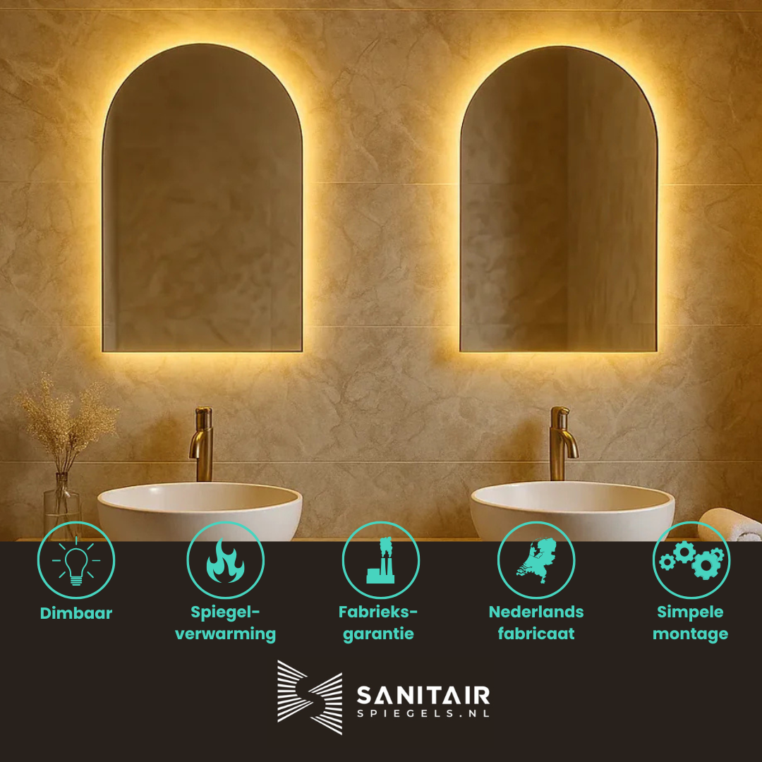 Spiegel Dubai - Rechthoekige Spiegel met Ronde Bovenkant - Indirect Spotless Verlichting | Incl. Verwarming