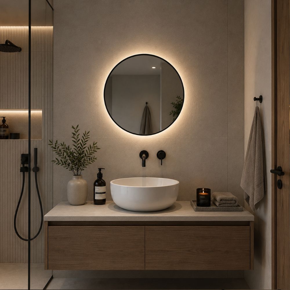 New York - Ronde Badkamerspiegel Ø40 cm - Zwarte Rand - Indirecte LED