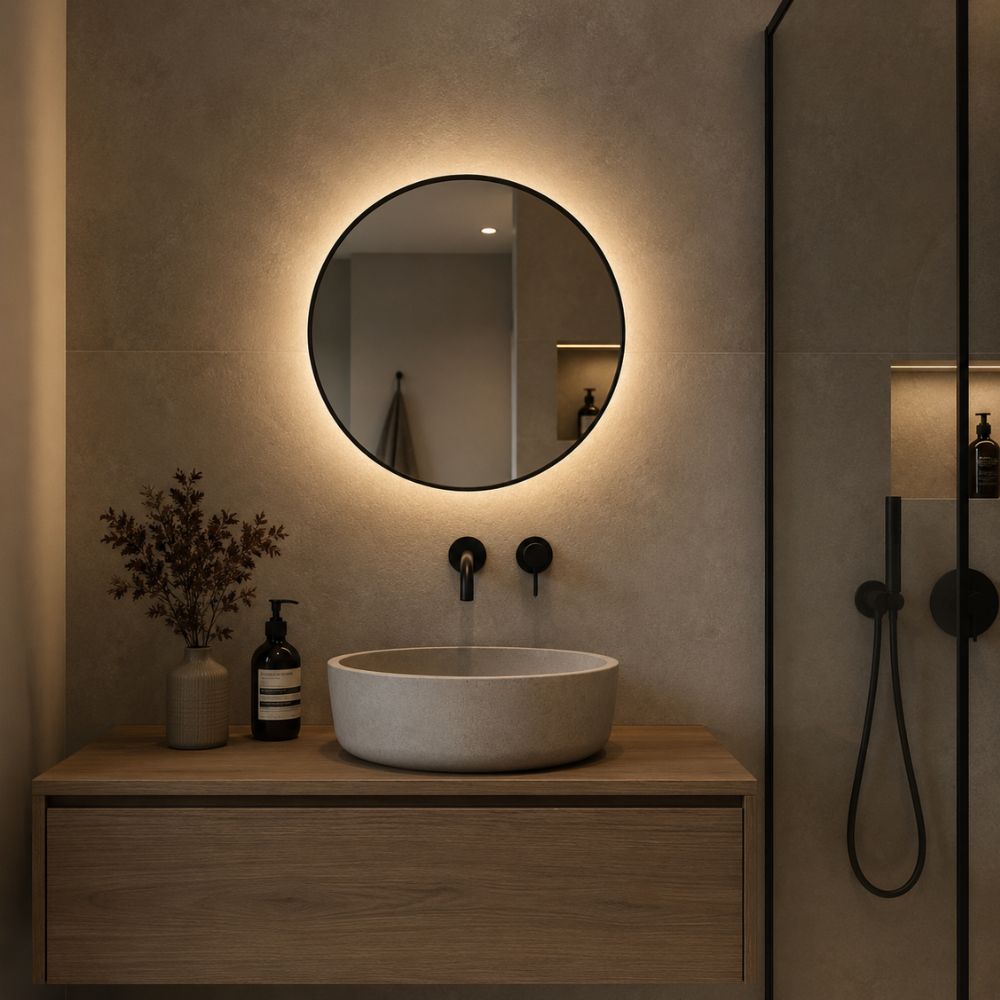 New York - Ronde Badkamerspiegel Ø60 cm - Zwart - LED & Anti-Condens