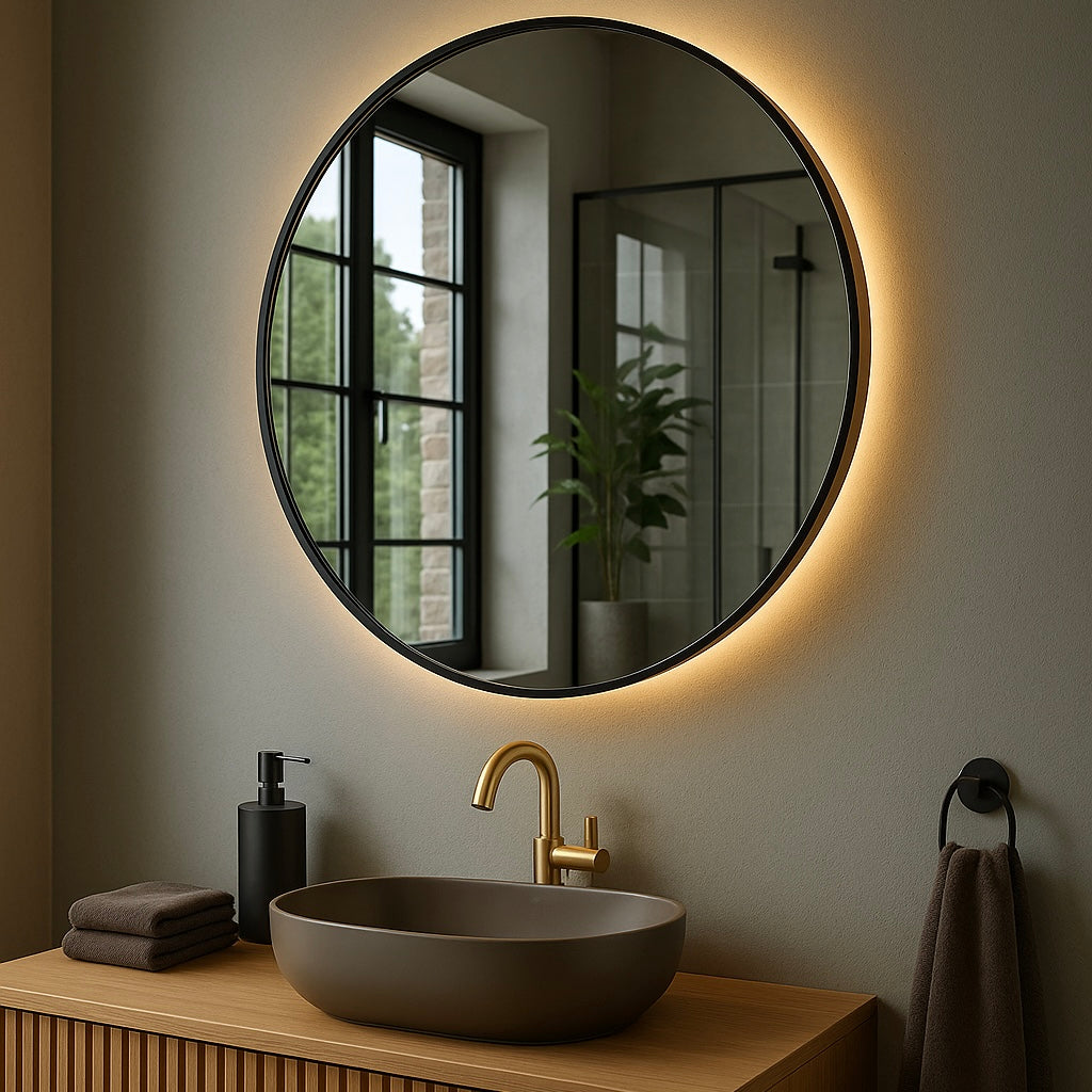 Spiegel New York - Ronde Spiegel met Zwarte Kaderrand - Indirect Spotless Verlichting | Incl. Verwarming