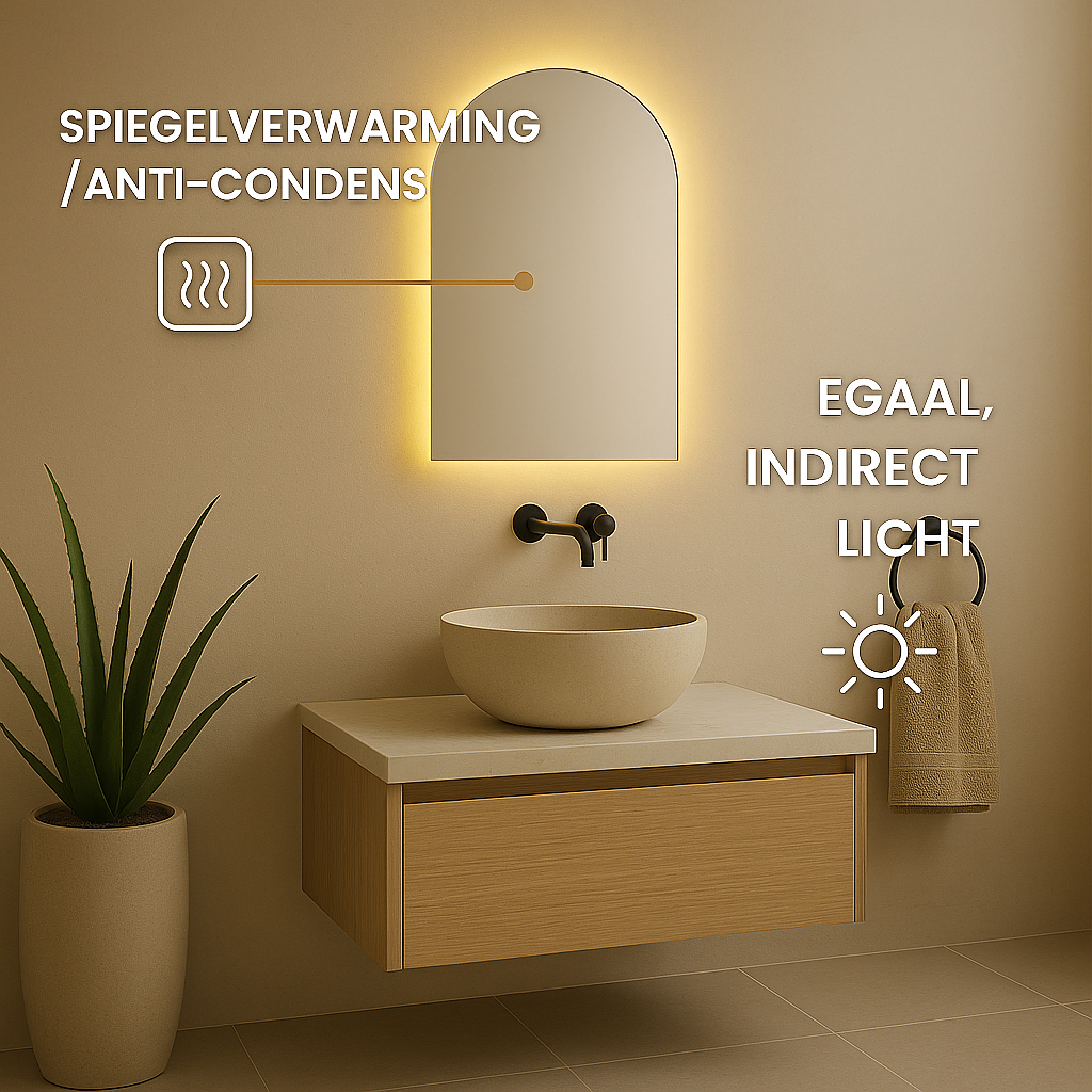 Spiegel Dubai - Rechthoekige Spiegel met Ronde Bovenkant - Indirect Spotless Verlichting | Incl. Verwarming